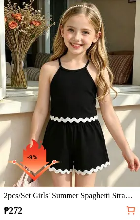 2pcs/Set Girls' Summer Spaghetti Strap Top + Shorts Set, Children Casual Vacation Ruffled Outfit