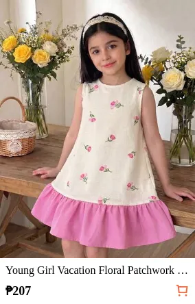 Young Girl Vacation Floral Patchwork Solid Pink Casual Fashion Woven Floral Sleeveless Dress Young Girl
