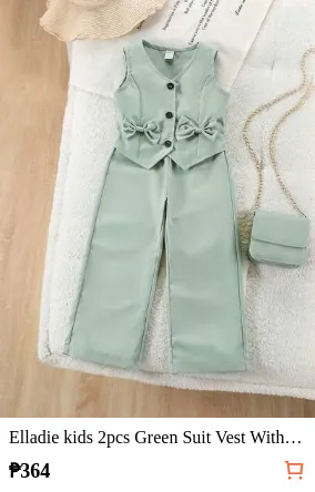 Elladie kids 2pcs Green Suit Vest With Front Button Bow Decor Wide Leg Pants Set, Suitable For Casual, Events, Formal, Back To School Outfits 7th Birthday Summer