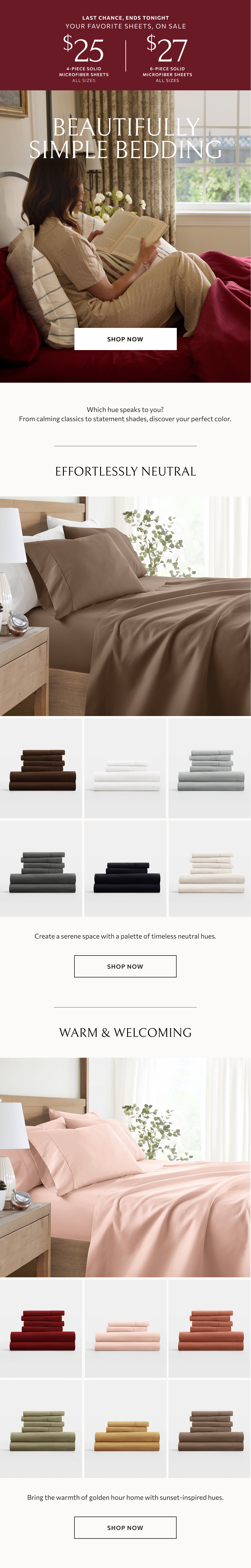 While supplies last - $25 all sizes 4-piece solid sheet sets & $27 all sizes 6-piece solid sheet sets + free shipping & returns.