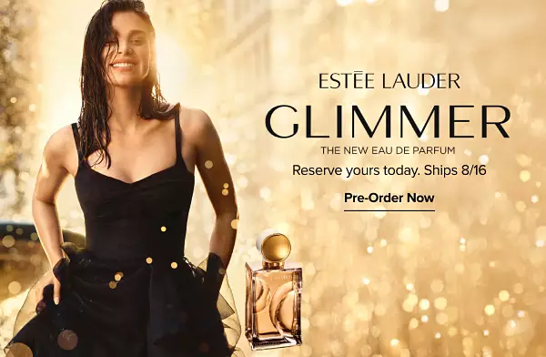 A woman and a perfume bottle. New Estee Lauder Glimmer. The new Eau de Parfum. Reserve yours today. Ships August 16th.