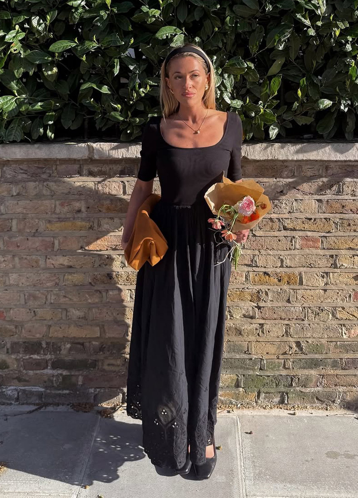 Sydney Short Sleeve Jersey Bodice Embroidered Midi Dress In Black