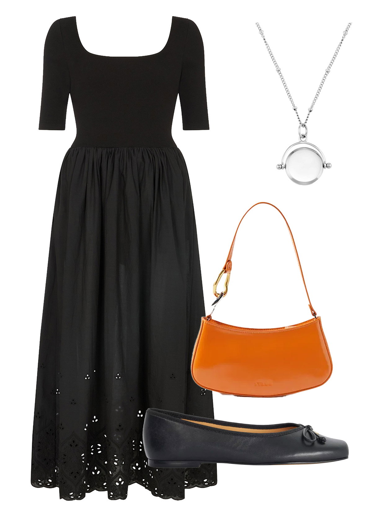 Sydney Short Sleeve Jersey Bodice Embroidered Midi Dress In Black