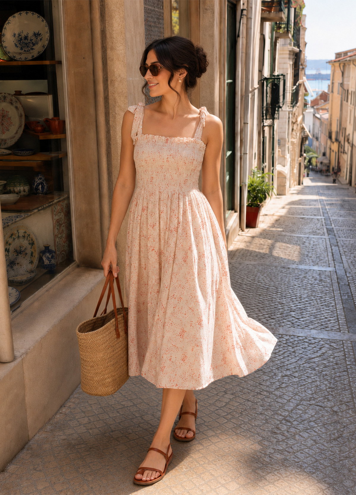 Annie Smocked Wishing Well Floral Print Midi Dress In Multi