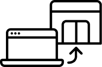 Laptop icon with arrow pointing to store icon.