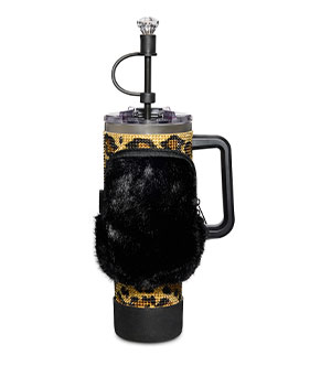 Cheetah Print Rhinestone Travel Tumbler with Pouch and Accessories - 40 oz.