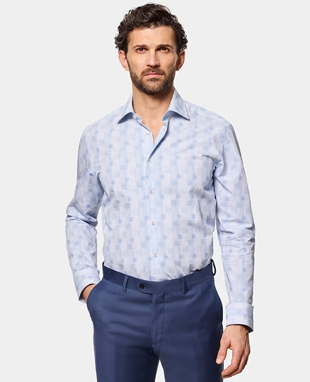 Slim Fit White & Blue Jacquard Check Curtis Shirt