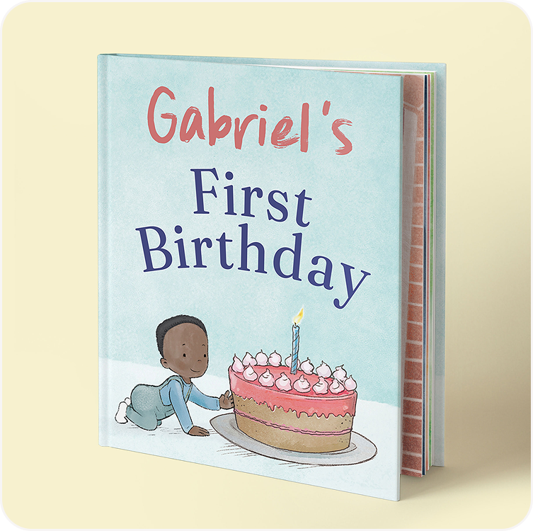 A personalised first birthday story book with the name Gabriel on the cover