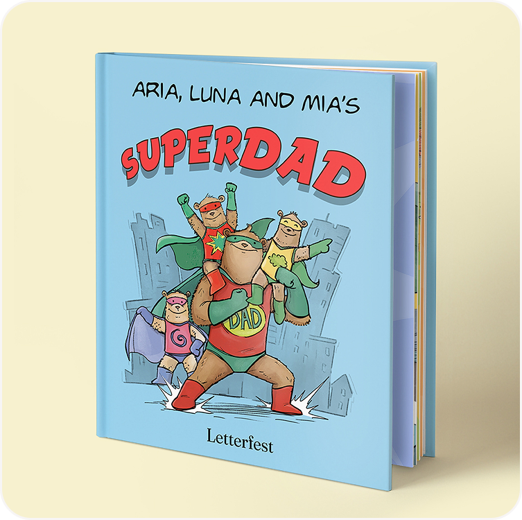 A personalised children's book featuring a superhero dad character on the cover