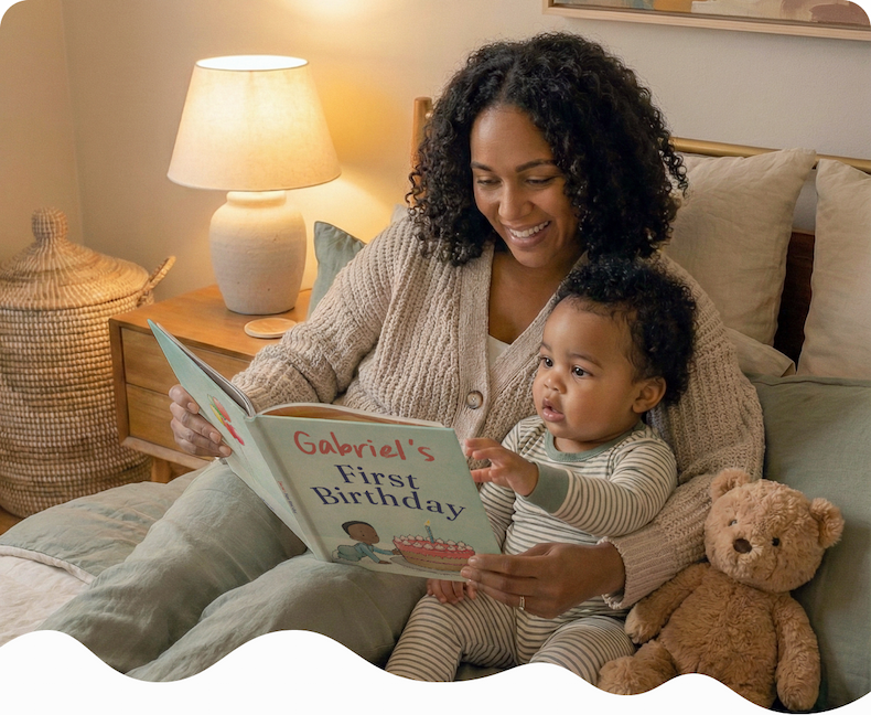 A mother and baby reading a personalised first birthday story book together on a bed, with a teddy bear beside them and a warm lamp in the background