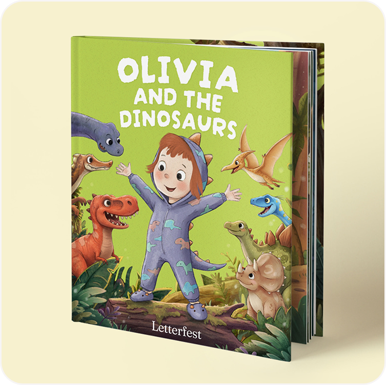 A personalised children's book featuring a child character and dinosaurs on the cover