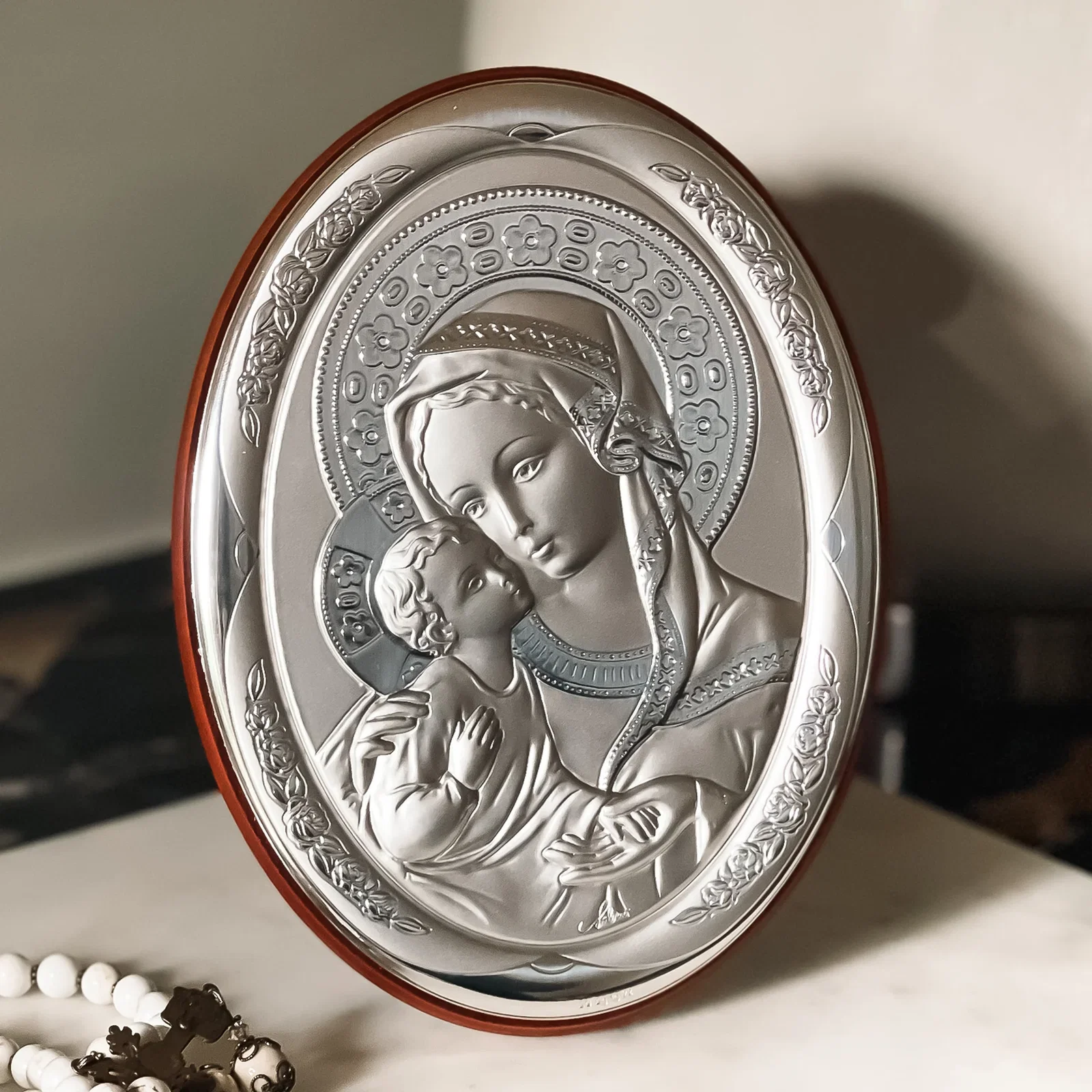 Silver Oval Madonna & Child Plaque