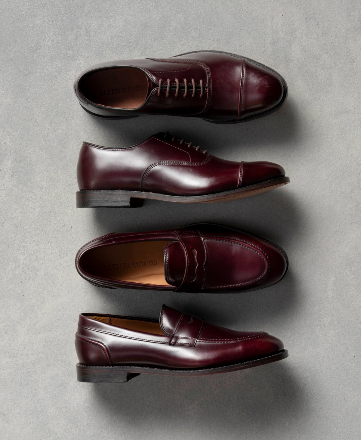 Click Here To Shop The New Styles In Burgundy Polished Calfskin.