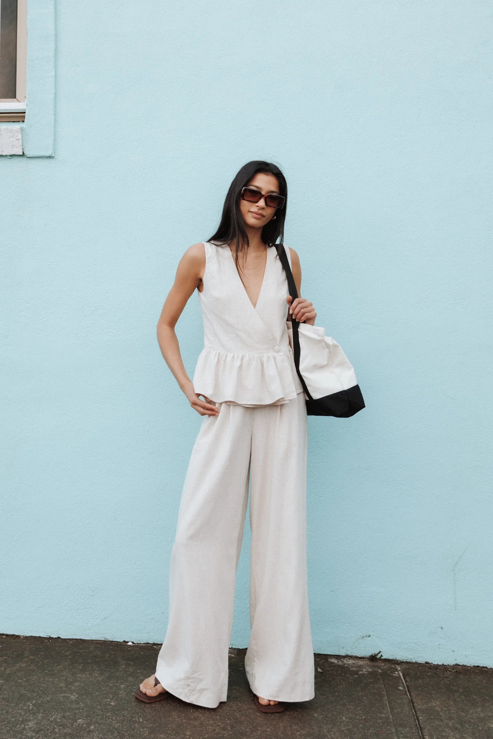 Image of Lorrie Wide Leg Linen Blend Pants - Oatmeal