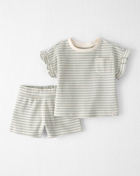 Image of Baby Girl 2-Piece Organic Cotton Waffle Knit Top & Short Set in Stripes