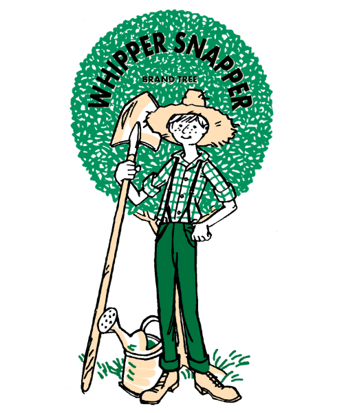 Whipper Snapper Brand Tree Logo man with a small tree, watering can, and a shovel in his hand.