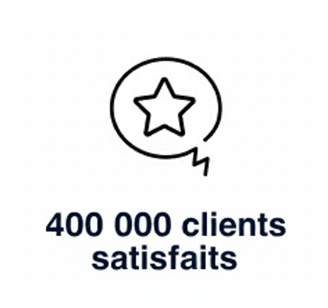 Icon of a star in a speech bubble with text "400 000 clients satisfaits".