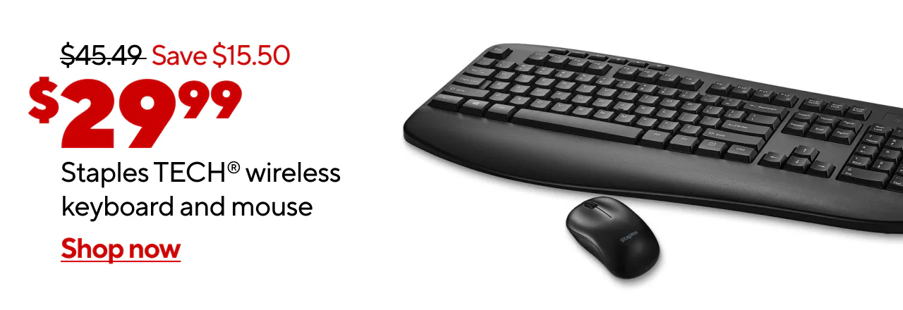 Only $29.99 Staples TECH Wireless Keyboard and Optical Mouse Combo