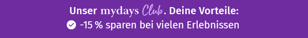 Unsere mydays Club Vorteile: -15% sparen bei vielen Erlebnissen, Gutscheine registrieren & nie mehr vergessen, Exklusive Gewinnspiele für Member