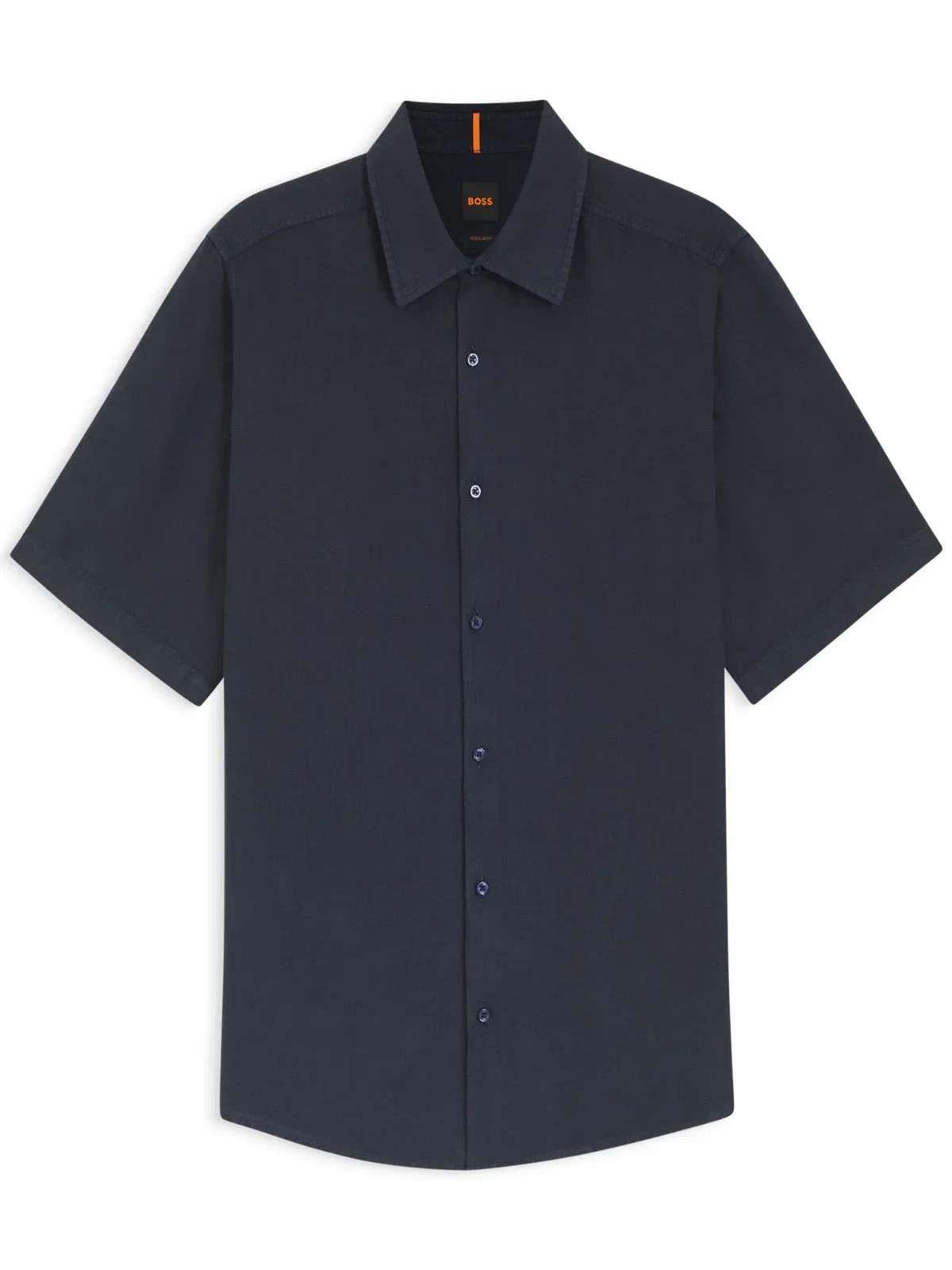 Solid-colored short-sleeved linen shirt with Kent collar