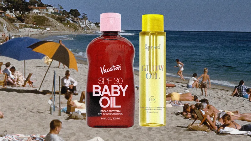 Two bottles of SPF oil are superimposed over an image of a beach.