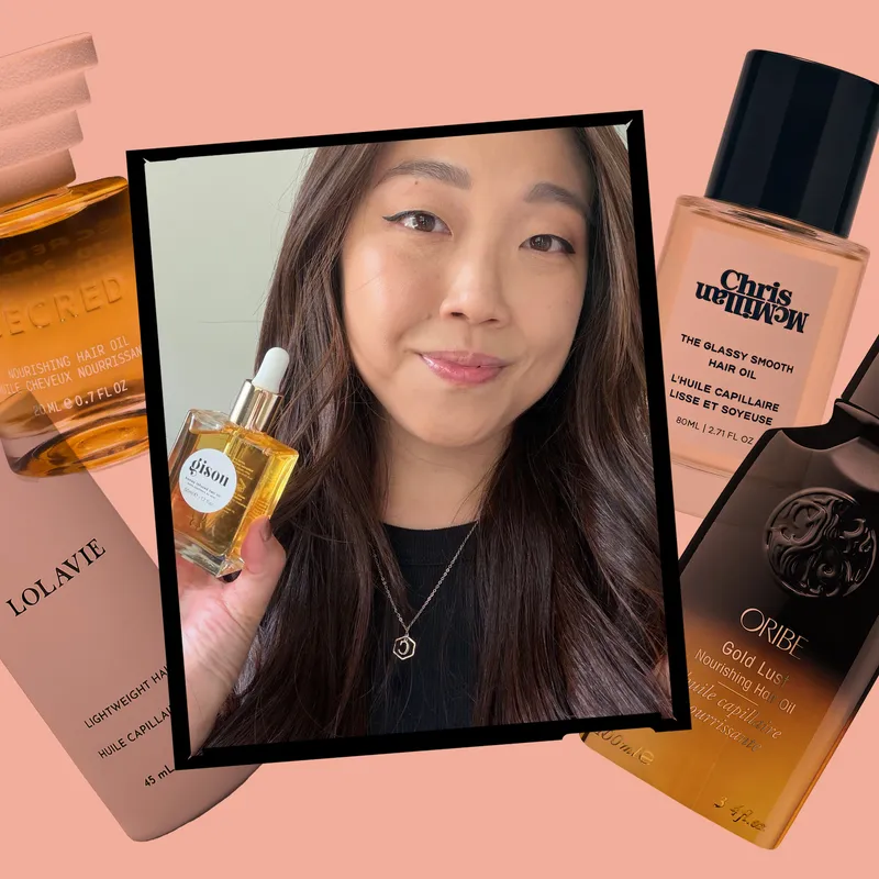 Image contains contributing commerce writer Christa Joanna Lee with the Gisou Honey Infused Hair Oil surrounded by a collage of the best hair oils