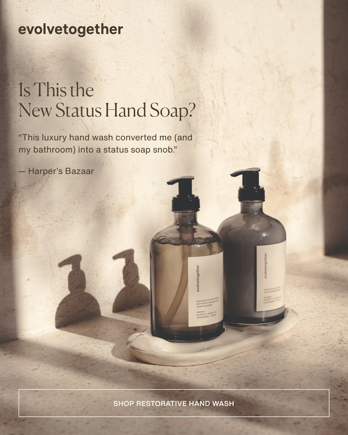 evolvetogether | Is This the New Status Hand Soap? | “This luxury hand wash converted me (and my bathroom) into a status soap snob.” — Harper’s Bazaar | [ shop restorative hand wash ]
