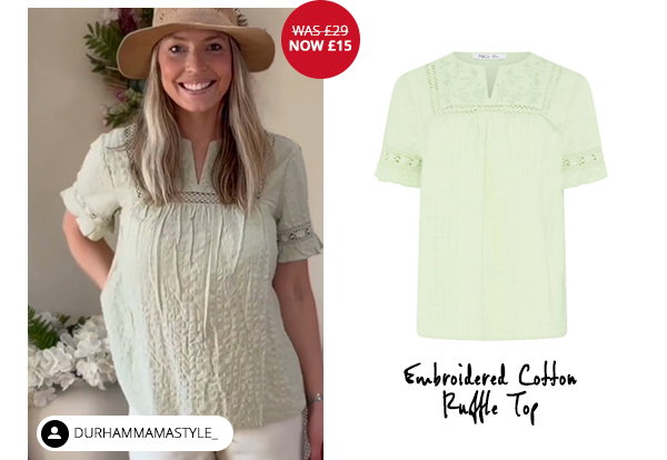 M&Co Sage Green Embroidered Cotton Ruffle Top