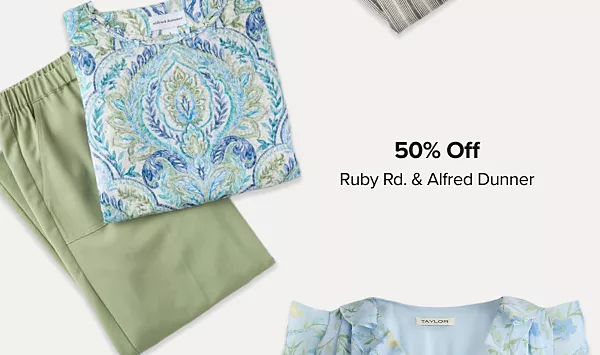 50% off Ruby Rd. and Alfred Dunner. Shop now. A multicolored shirt and green pants.