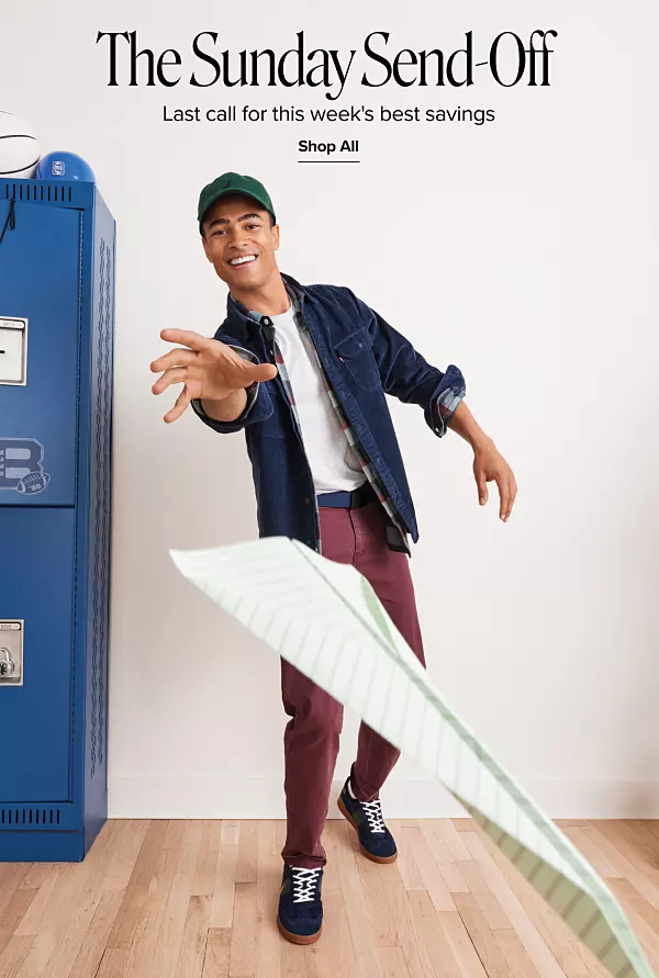 The Sunday send off. Last call for this weeks best deals. Shop all. A man throwing a paper airplane in a school.