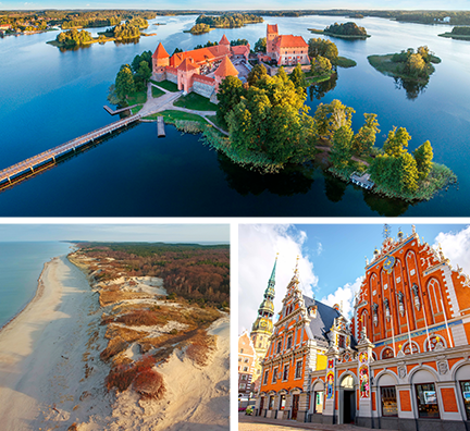 Bild-Collage: Wasserburg Trakai, Sanddünen in der Kurischen Nehrung am Meer, alte, prunkvolle Häuser in Riga.