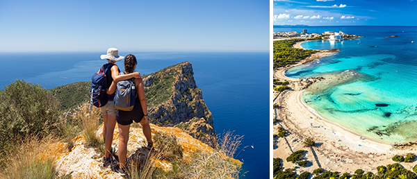 Bild-Collage: Zwei Wanderinnen stehen an einer Klippe und schauen auf das Meer, türkisblaues Meer mit feinem Sandstrand in einer Bucht.