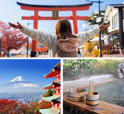 Bild-Collage: Frau steht vor rotem Tori-Schrein, Blick auf den Mount Fuji und Tempel, Onsen.