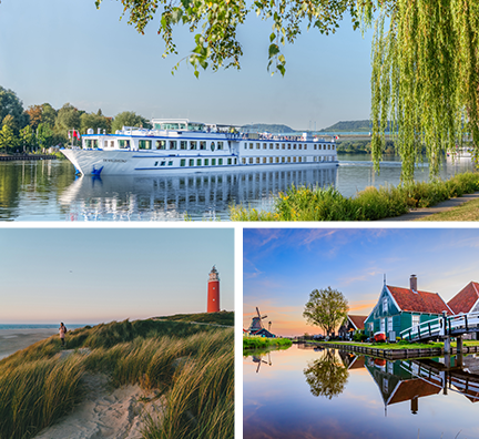 Bild-Collage: Außenansicht MS De Willemstadt, Frau steht in den Dünen auf Texel und schaut auf das Meer, Freilchtmuseum Zaanse Schans.