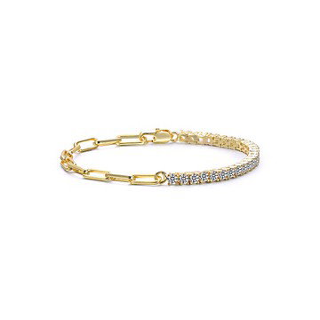 Clear Cubic Zirconia, 14K Gold Plated over Brass Half Tennis Half Link Bracelet