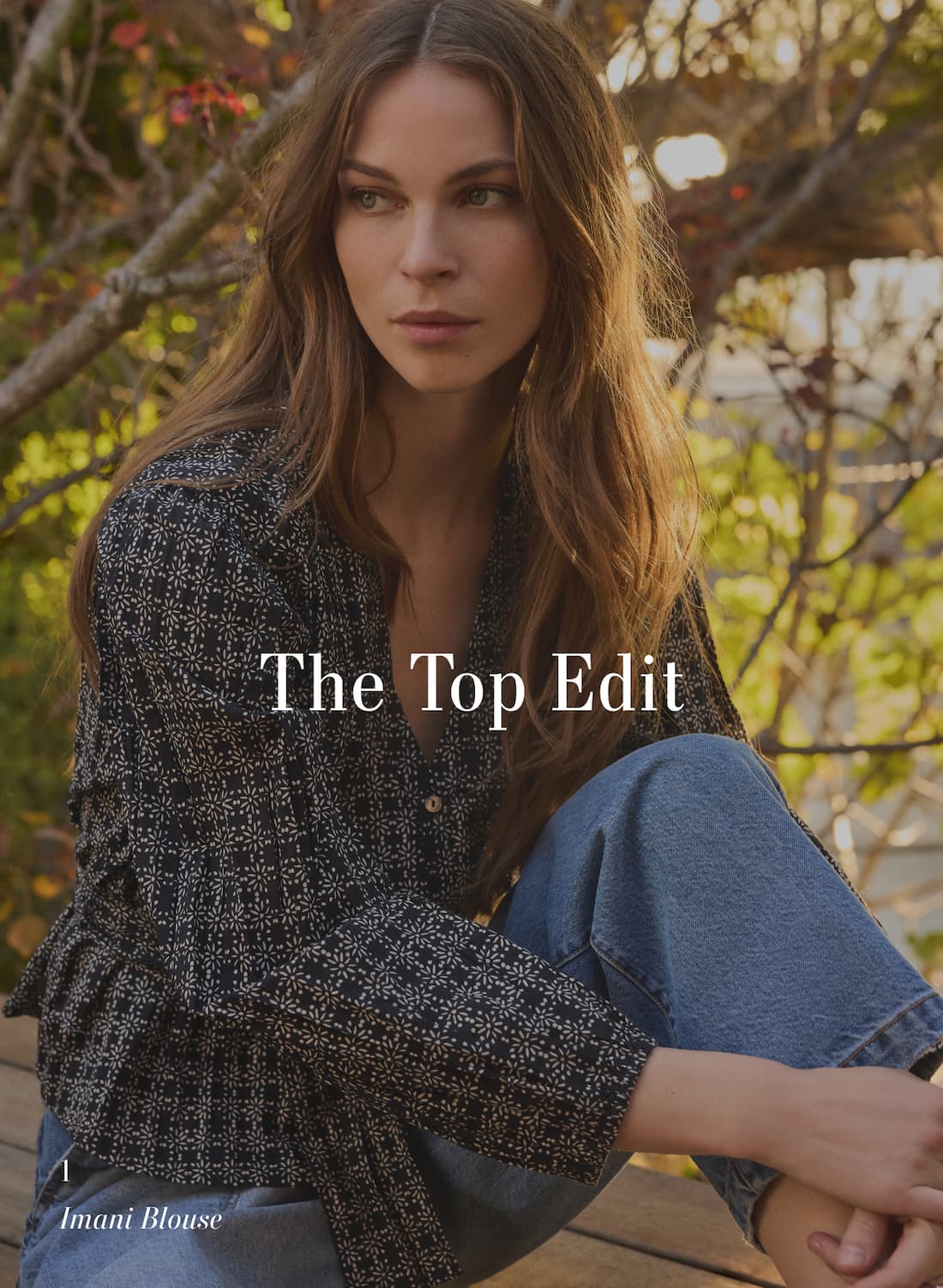 Image shows a model wearing the Imani Blouse in Multi. Text reads: The Top 5 Blouses of the Season.
