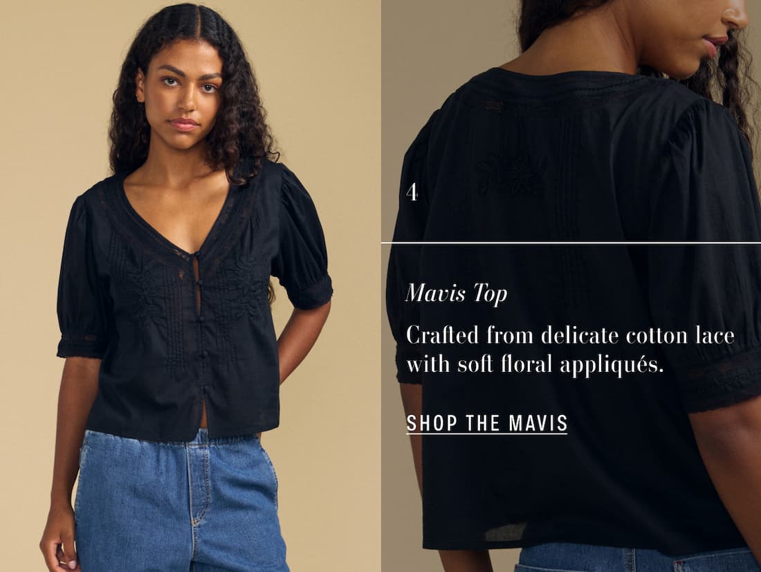 Image shows a model wearing the Mavis Top in Black. Text reads: Mavis Top. Crafted from delicate cotton lace with soft floral appliqués.