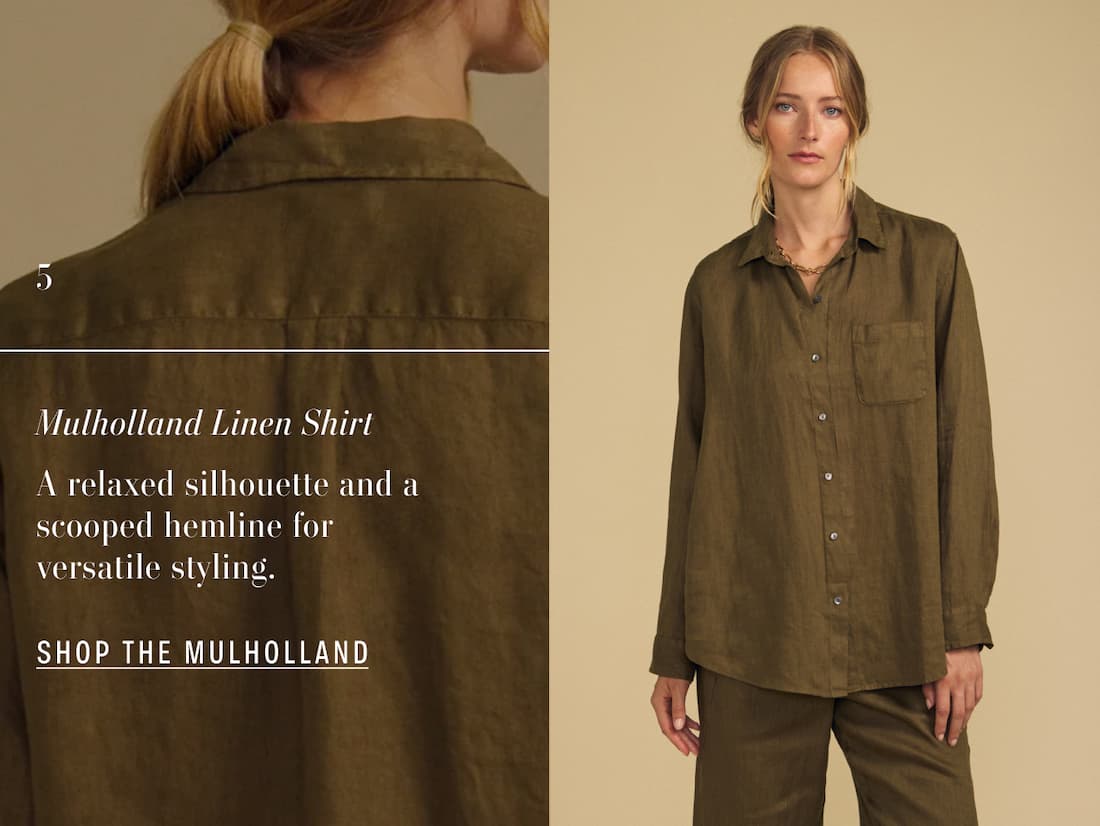 Image shows a model wearing the Mulholland Shirt in Musk. Text reads: Mulholland Linen Shirt. A relaxed silhouette and a scooped hemline for versatile styling.