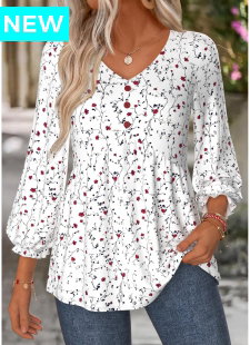 White Ditsy Floral Print Shirred 3/4 Sleeve Blouse