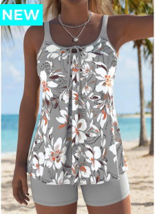 Light Grey Mid Waisted Bowknot Floral Print Tankini Set