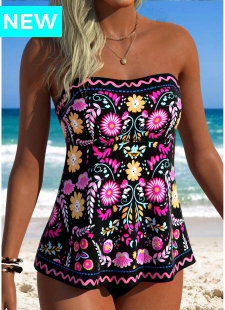 Black Tummy Coverage Floral Print Tankini Top