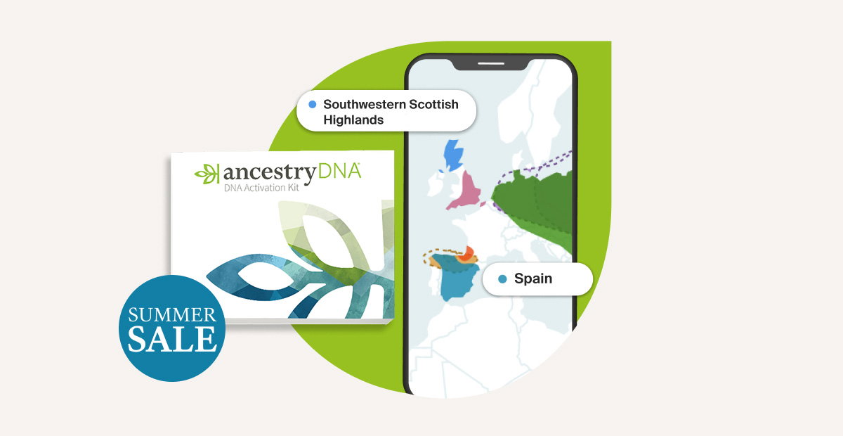 Images of a map of Europe on a mobile phone next to a DNA kit