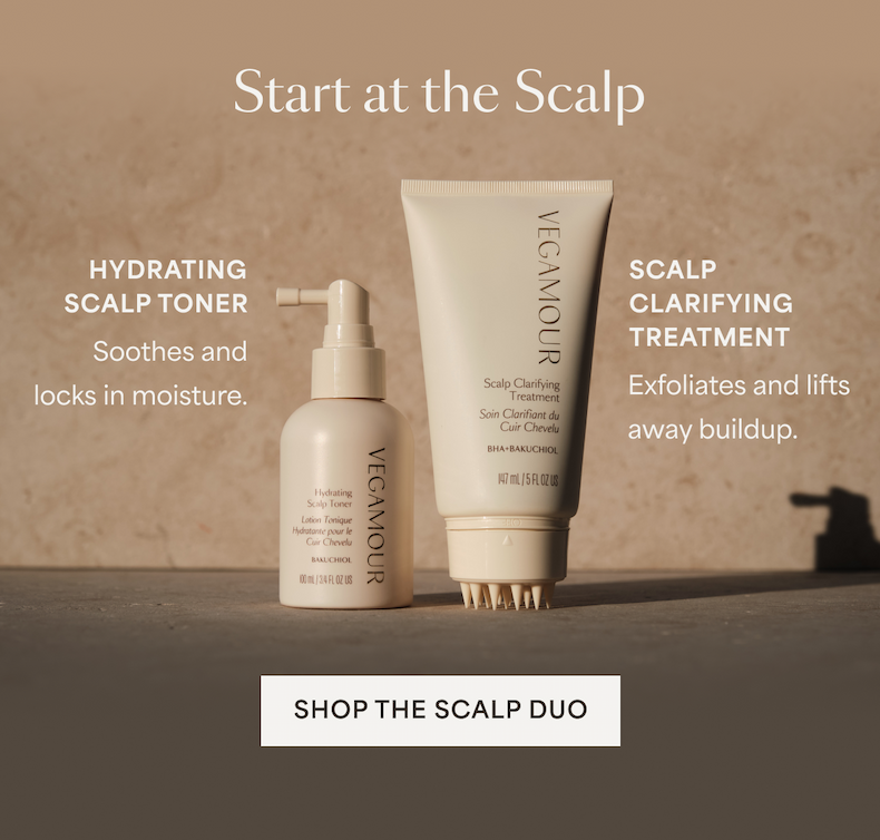 START AT THE SCALP | HYDRATING SCALP TONER | Soothes and locks in moisture. | SCALP CLARIFYING TREATMENT | Exfoliates and lifts away buildup. | SHOP THE SCALP DUO 