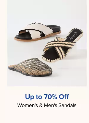 Up to 70% off womens and mens sandals. Shop now. Various pairs of sandals.