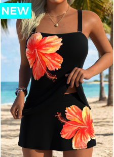 Black Mid Waisted Tummy Coverage Floral Print Tankini Set
