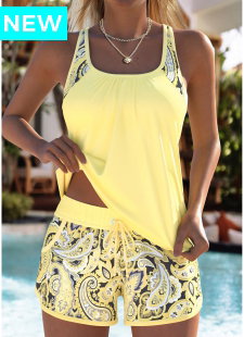 Light Yellow Mid Waisted Ruched Paisley Print Tankini Set