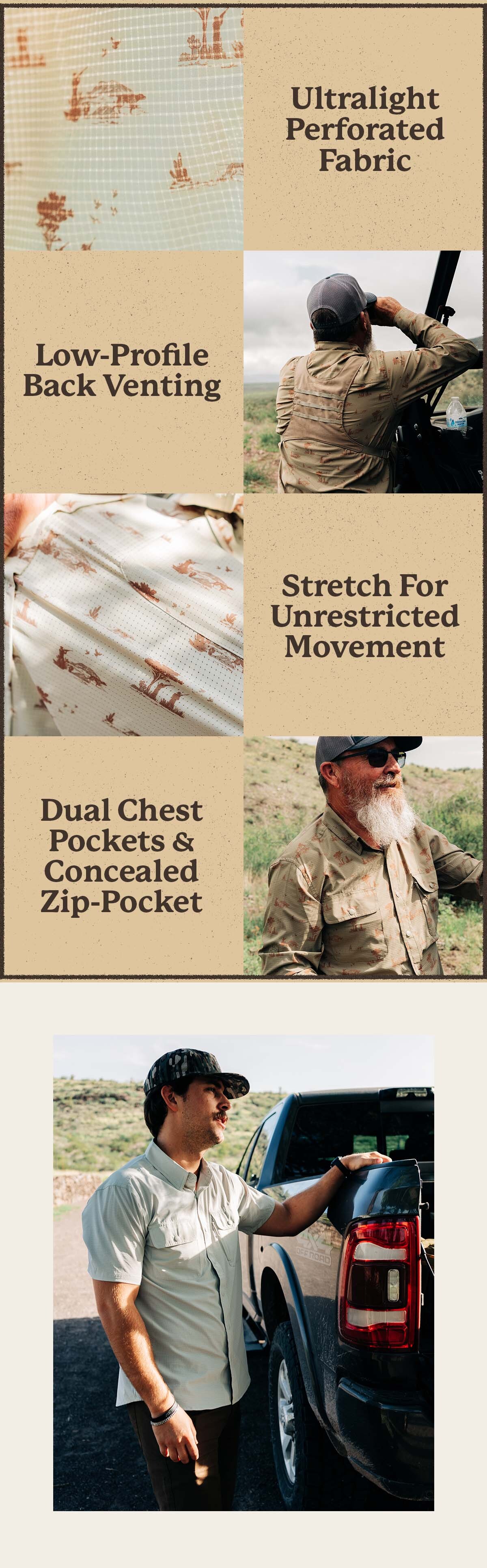 Ultralight perforated fabric | Low-profile back venting | Stretch for unrestricted movement | Dual chest pockets + concealed zip pocket | Sunglass chamois | Relaxed collar with hidden buttons