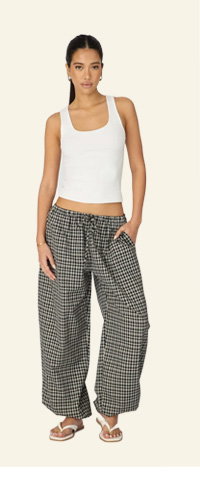 Black Check Balloon Leg Pants Mid Rise