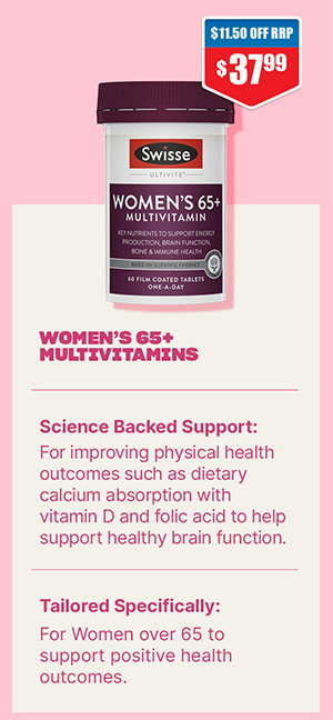 Save on Swisse Womens Multivitamin 65+ 60 Tablets Swisse Womens Multivitamin 65+ 60 Tablets Swisse Womens Multivitamin 65+ 60 Tablets Swisse Womens Multivitamin 65+ 60 Tablets Swisse Womens Multivitamin 65+ 60 Tablets  Thumbnail for Swisse Womens Multivitamin 65+ 60 Tablets  Thumbnail for Swisse Womens Multivitamin 65+ 60 Tablets  Thumbnail for Swisse Womens Multivitamin 65+ 60 Tablets  Thumbnail for Swisse Womens Multivitamin 65+ 60 Tablets  Thumbnail for Swisse Womens Multivitamin 65+ 60 Tablets  Thumbnail for Swisse Womens Multivitamin 65+ 60 Tablets Always read the label and follow the directions for use. Please refer to any health and product warnings below. Swisse Womens Multivitamin 65+ 60 Tablets at Chemist Warehouse sale ends 5 August 2026