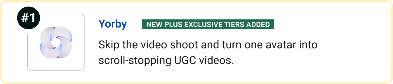 Yorby (New Plus Exclusive Tiers Added) - Skip the video shoot and turn one avatar into scroll-stopping UGC videos.